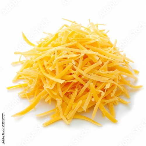 Shredded cheddar cheese, a fluffy pile isolated on a white background, ready for culinary use. 