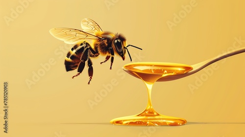 Craft a detailed vector rendering of a long shot showcasing a sleek bee elegantly flying towards a honey spoon, with sharp lines and bold colors for a modern and striking appeal
