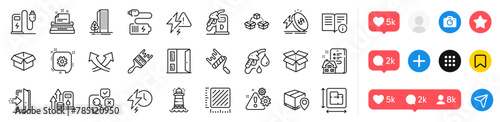 Energy price, Charging station and Floor plan line icons pack. Social media icons. Entrance, Buildings, Lighthouse web icon. Battery, Property agency, Typewriter pictogram. Vector © blankstock
