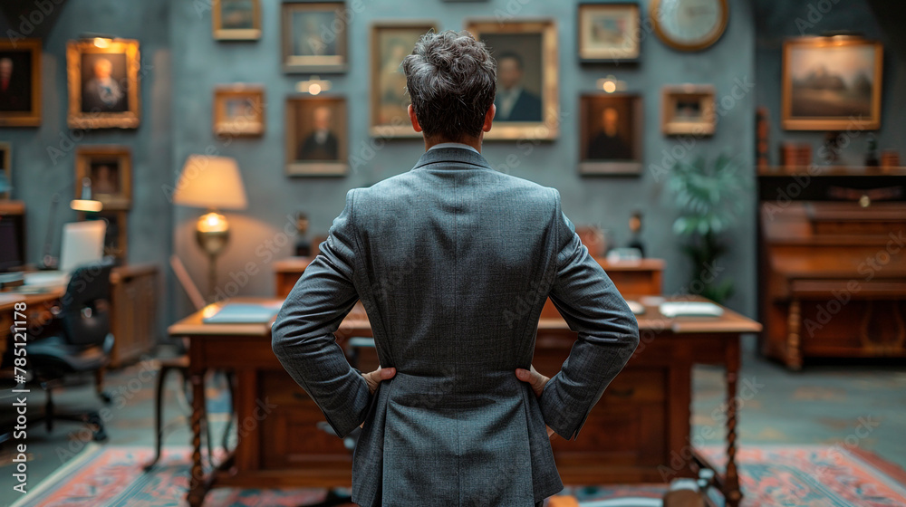 A man in a suit stands in front of his office proud of his achievements. A man in a suit stands in front of his office proud of his achievements.