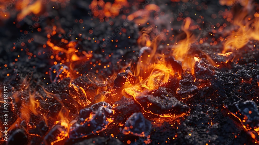 Embers, smoldering fire, close up photo of burning coal or charcoal. Volcano magma Embers, smoldering fire, close up photo of burning coal or charcoal. Volcano magma