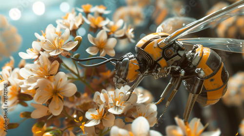 An intricately designed robotic bee hovers amidst blooming flowers, a fusion of technology and nature in pollination.