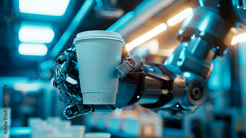 a robot with a cup of coffee in his hand photo
