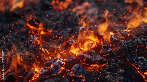 Embers, smoldering fire, close up photo of burning coal or charcoal. Volcano magma