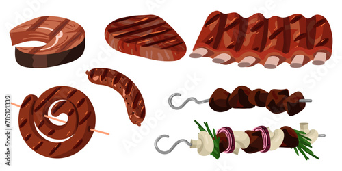 Set of grilled meat products. Sliced strips of juicy beef or pork meat, grilled, grilled shish kebab. A ready-made dish for a restaurant, a menu for a cafe, a banner with a place to copy on a white