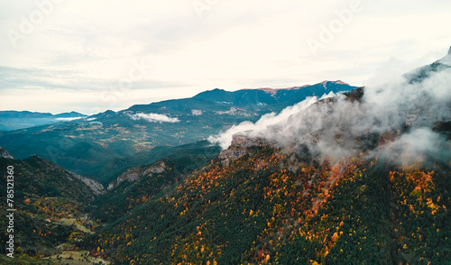 An aerial view of a treecovered mountain under clouds photo