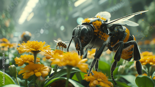 A cybernetic bee among vibrant yellow flowers, illustrating the harmony between advanced robotics and natural pollination processes.