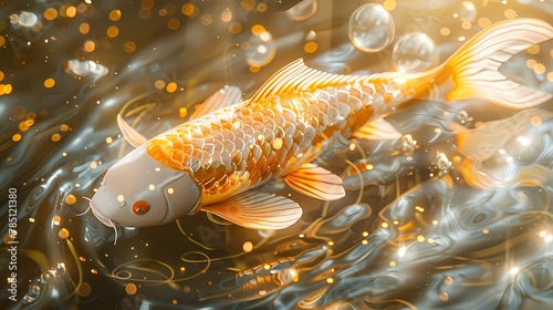 Golden glitter koi fish in pond illustration poster background