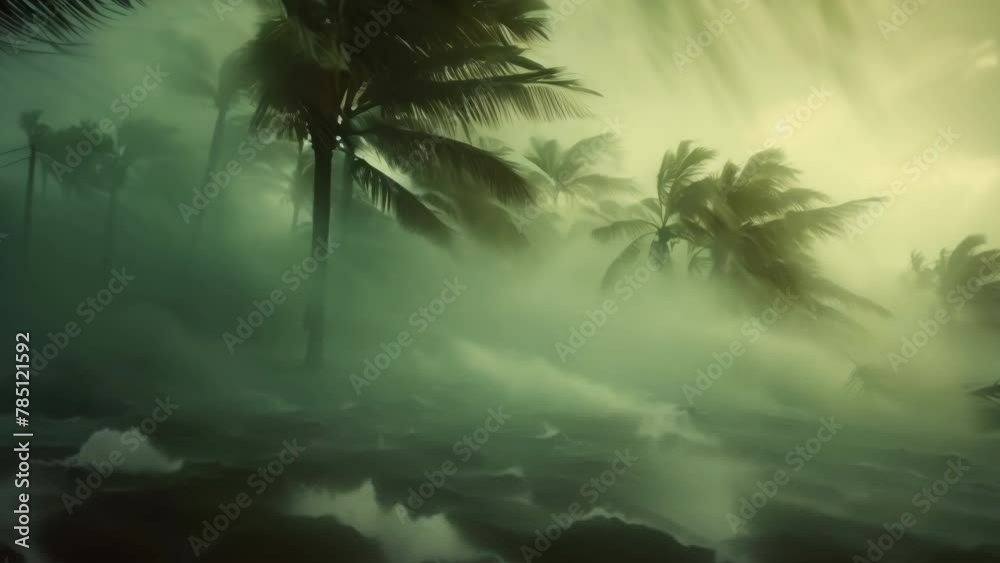 Extreme weather conditions. Very strong wind blows palm trees on island. Tropical storm. Bad weather concept. Flood on the beach. Flooding due to heavy rain. Dangerous thunderstorm.