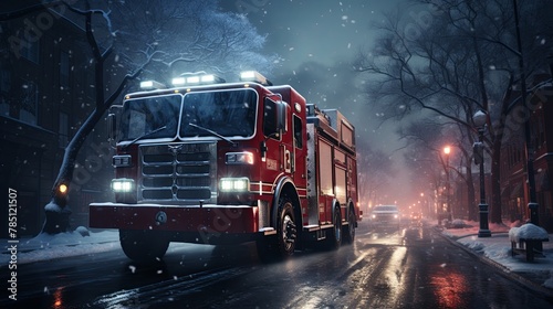 Photos A red fire truck drives through a snowy street in the winter afternoon to put out the fire and save people