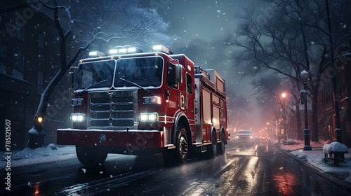 A red fire truck drives through a snowy street in the winter afternoon to put out the fire and save people. Generative AI. photo