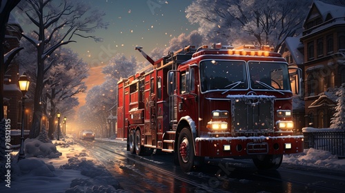 Photos A red fire truck drives through a snowy street in the winter afternoon to put out the fire and save people
