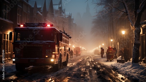 A red fire truck drives through a snowy street in the winter afternoon to put out the fire and save people. Generative AI. photo