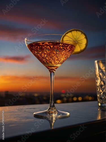This cocktail glass adorned with a lemon slice beautifully contrasts the urban sunset backdrop © ArtistiKa