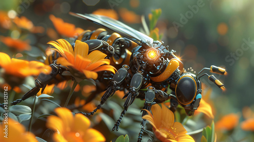 High-tech cyber bee with glowing elements, meticulously interacting with the vibrant orange blossoms of a lush garden.