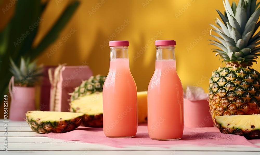 Bottles of tasty pineapple smoothie on wooden table against color background Bottles of tasty pineapple smoothie on wooden table against color background