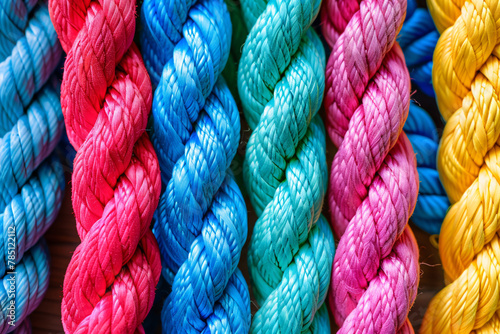Close-up of colorful braided ropes in red blue yellow and purple
