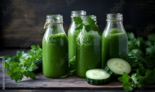 Bottles of juice with cucumber and parsley on grey backround