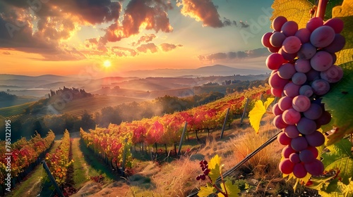 Ripe red grapes on vineyards in autumn harvest at sunset. Tuscany  Italy