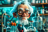 Caricature of a Mad Scientist.  Generated Image.  A digital rendering of a cartoon caricature of a mad scientist in his laboratory.