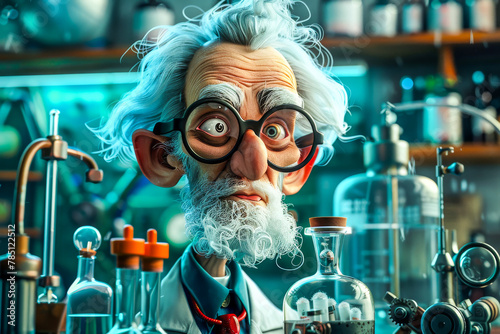 Caricature of a Mad Scientist. Generated Image. A digital rendering of a cartoon caricature of a mad scientist in his laboratory.