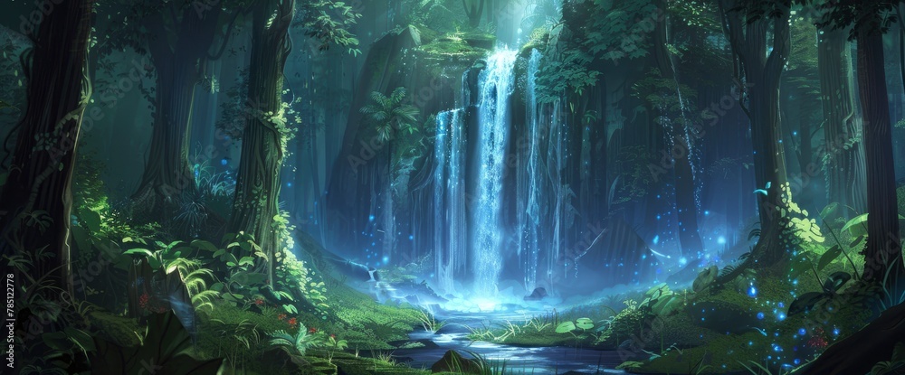 a fantasy waterfall in the forest, glowing blue light on top of it, tall trees around with magical plants and grass, fantasy art style