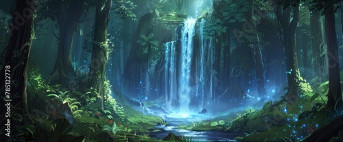 a fantasy waterfall in the forest, glowing blue light on top of it, tall trees around with magical plants and grass, fantasy art style