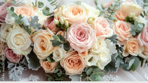 Elegant Bridal Bouquet with Roses Peonies and Lush Greenery in Soft Pastel Hues