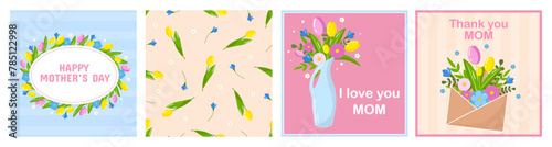 Vector happy mother's day flower greeting card template set. Spring holiday posters, envelope with tulips flowers on pink background. Square backdrop invitation, flyer, brochure for event