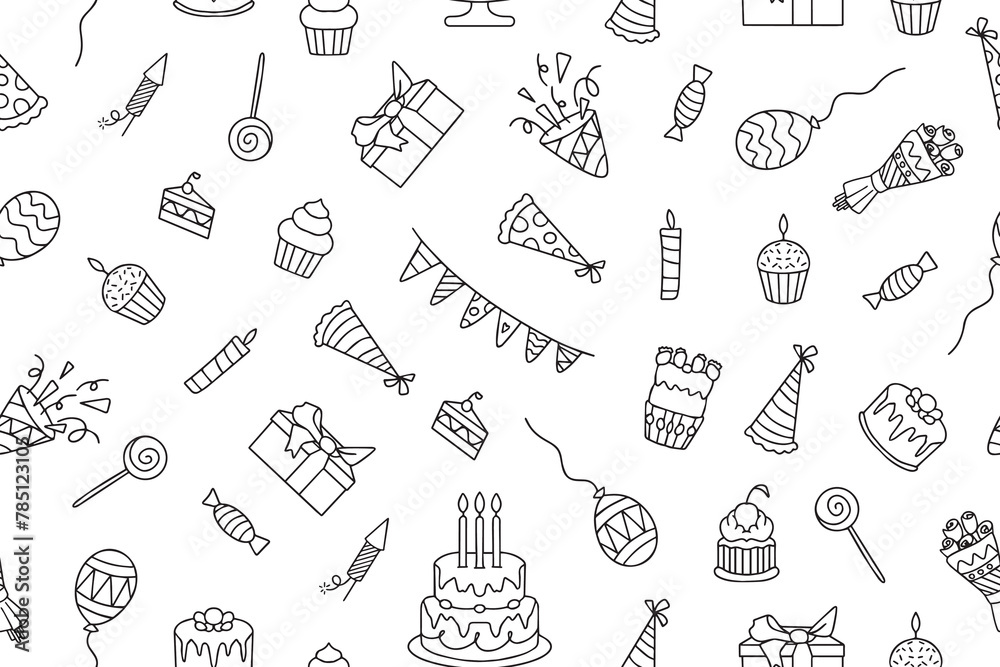 Seamless pattern in doodle style. Set of birthday party elements with cute black line design. Birthday Doodle Vector Illustration. Birthday party decoration set, gift box, cake