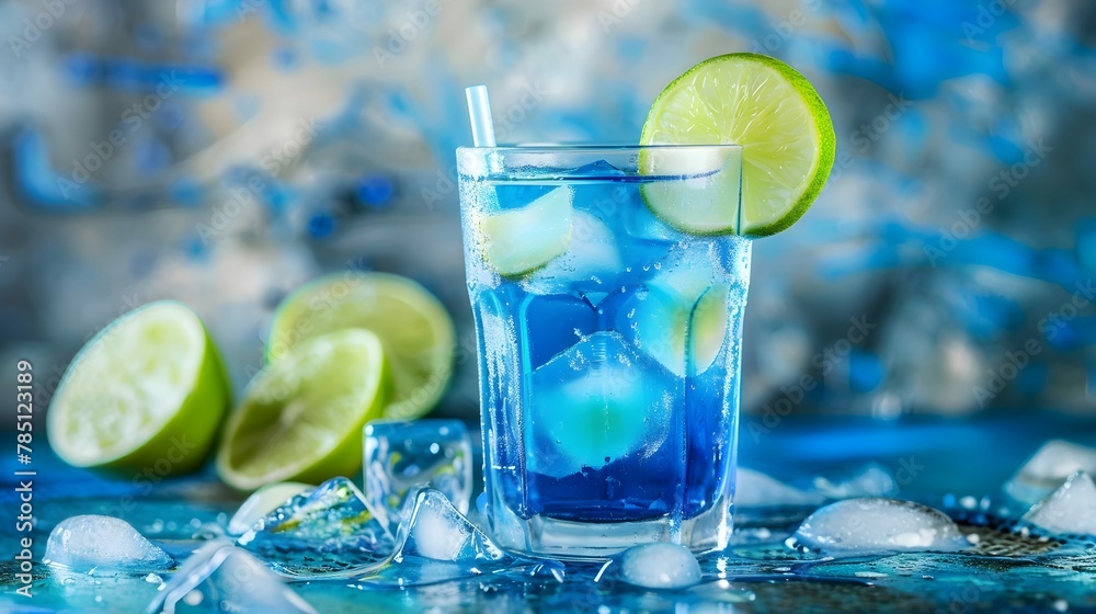 Refreshing blue drink or cocktail with ice, garnished with a slice of lime - obrazy, fototapety, plakaty 