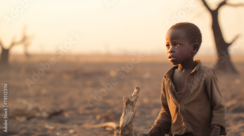 A poor, beggarly, hungry child in Africa, thirsty to drink water against the backdrop of dried trees where there is no life. photo
