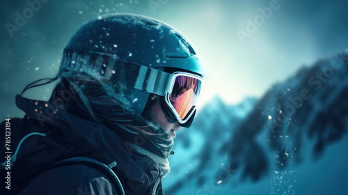 Skier in glasses close-up, background of snow-covered ski peaks of the mountains. AI generated.