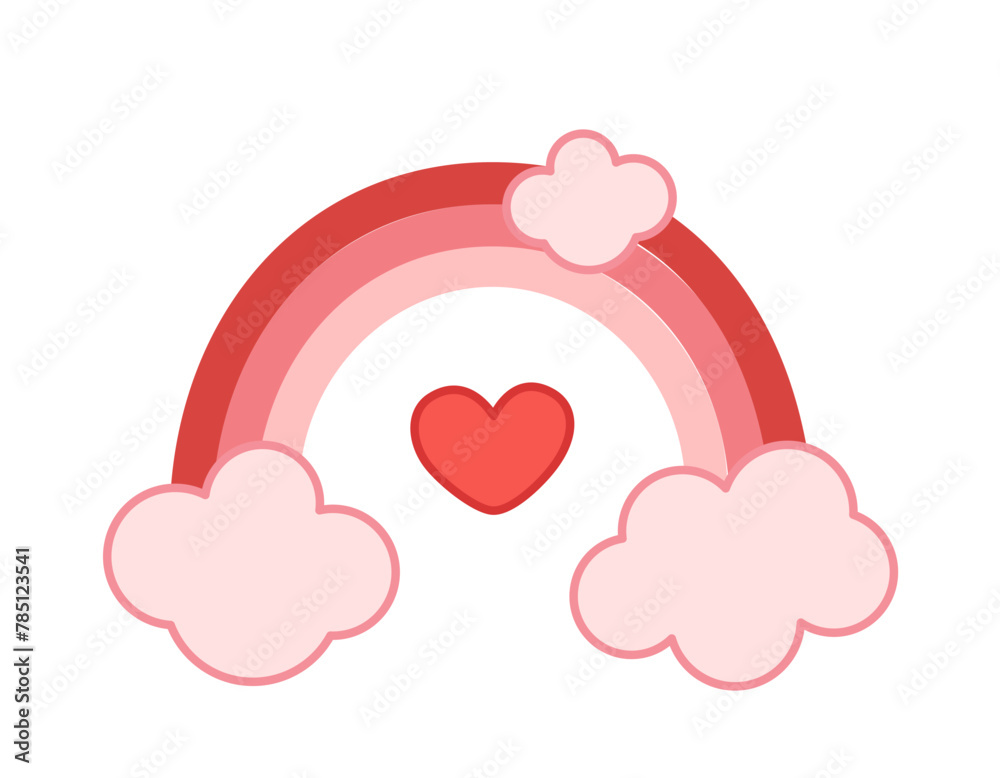 Red rainbow with heart and pink clouds. Valentines day. Cartoon, vector