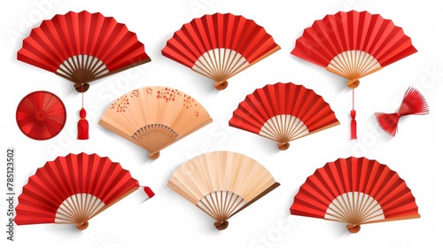 Modern realistic set of open and closed red Japanese fans, traditional asian or spanish folding souvenirs with tassels isolated on white.