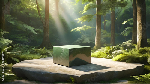 3D Cube Stand in Lush Green Forest For Product Advertisement Display Presentation.