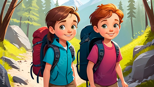 A cute boy and girl hiking in the beautiful nature forest.
