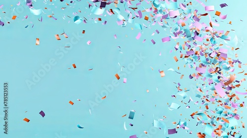 Flying colored confetti over a blue backdrop