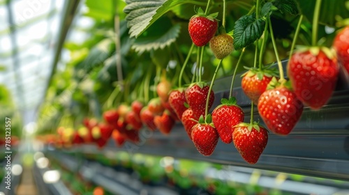 Juicy Hydroponic Strawberries Showcasing the Sweetness of Advanced Agriculture with Lush Green Leaves and Ripe Red Berries Hanging in a Greenhouse