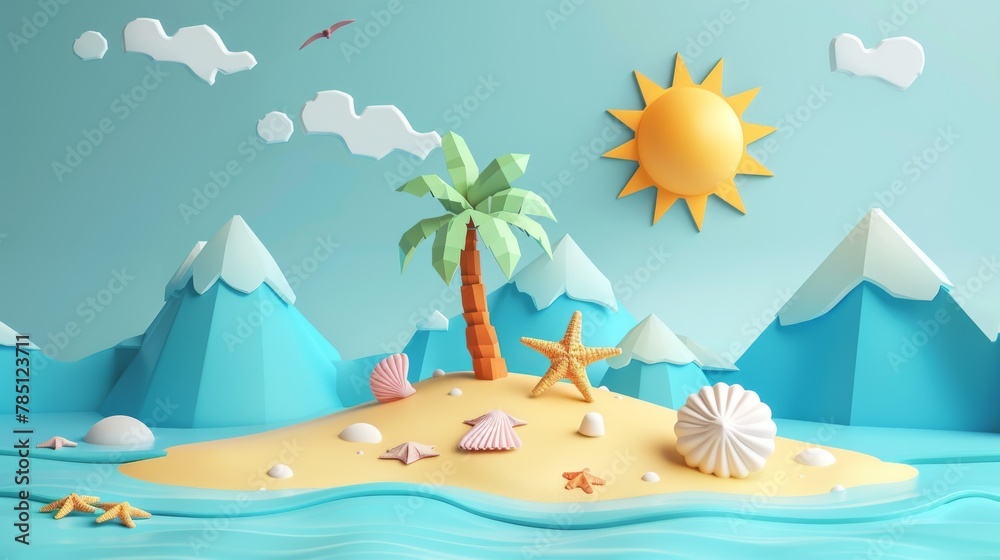 Papercut style sun and mountains in the background. Small island illustration with a palm tree, seashells, starfish, and a beach ball.