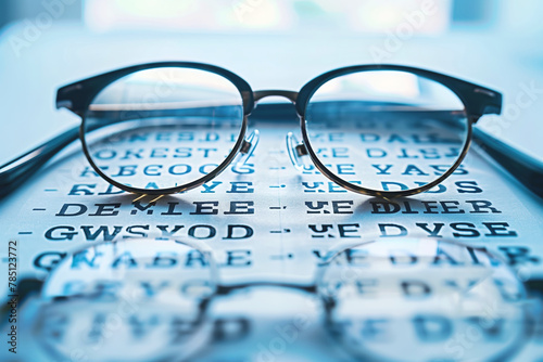 Eyeglasses resting on a blurred eye examination chart, vision test and eyewear concept. photo