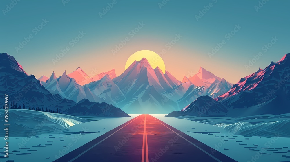 Digital technology road ahead and snow mountains scene poster web page PPT background - obrazy, fototapety, plakaty 
