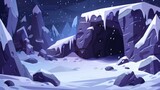 Winter landscape with deep stone cave and a mountain with an entrance to the dark cave or mine. Modern parallax background for 2D animation.