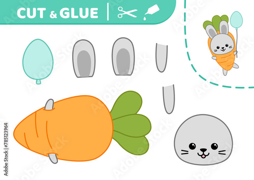 Cut and glue. Hare in carrot suit and balloon. Applique. Paper game. Vector