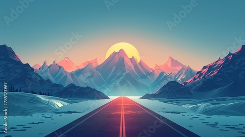 Digital technology road ahead and snow mountains scene poster web page PPT background