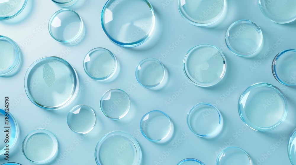 A minimalistic 3D clear blue backdrop. Illustration of glass disks in top view for displaying cosmetic products.