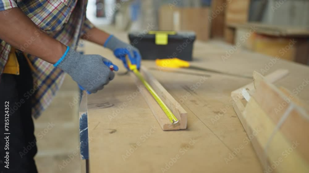 Close up African American carpenter or woodworker or charpentier man use measuring tape to measure wood stick on table to prepare wood work.