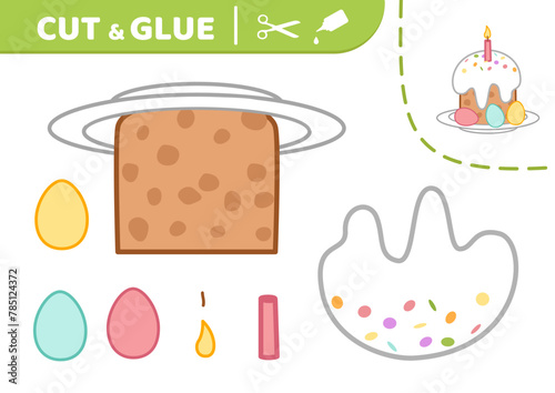 Cut and glue. Easter food on plate. Cake  eggs  burning candle. Applique. Paper game. Vector