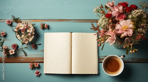 An open notebook on a light blue background on a table, next to a cafe and flowers, top view. Space for text, Blank paper album mockup, Generative AI.