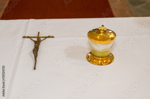 pot with holy chrism oil for babtism